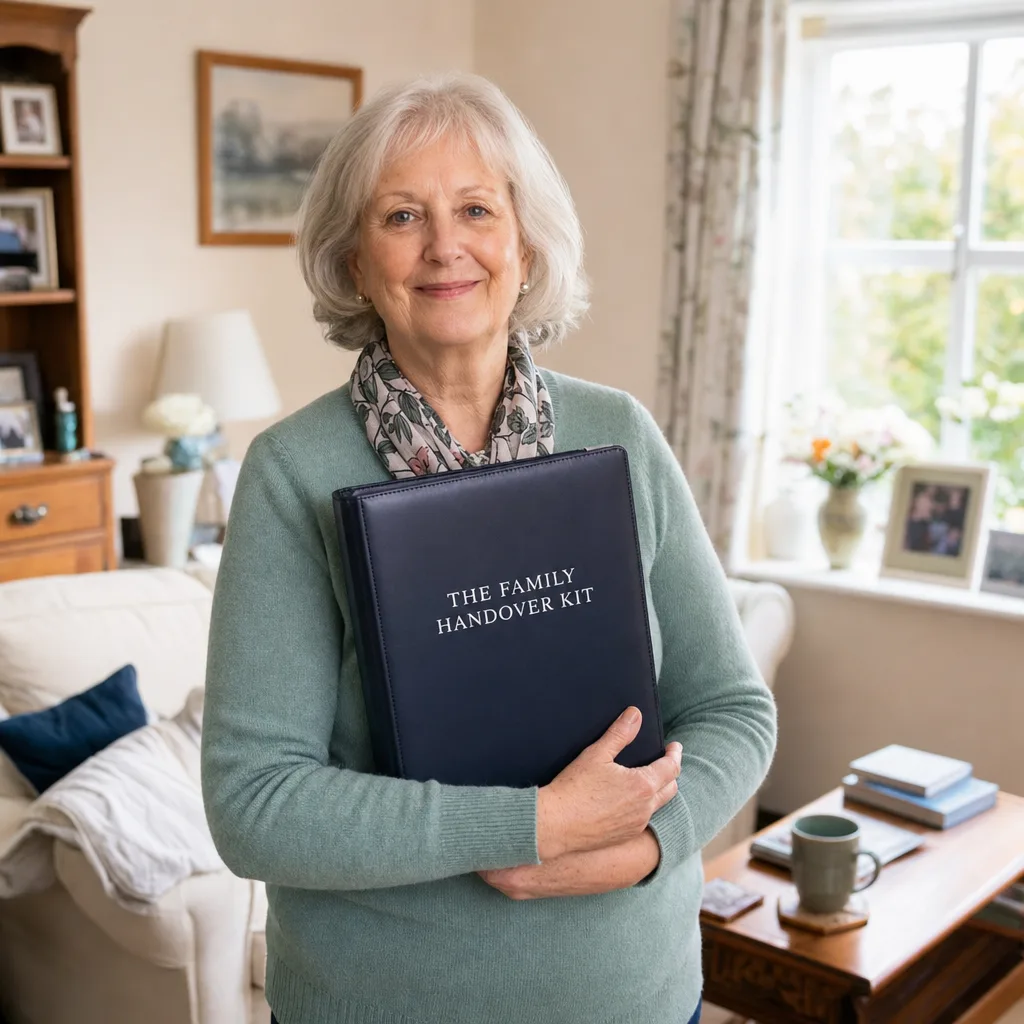 A customer with her completed Family Handover Kit folder, everything in one place.