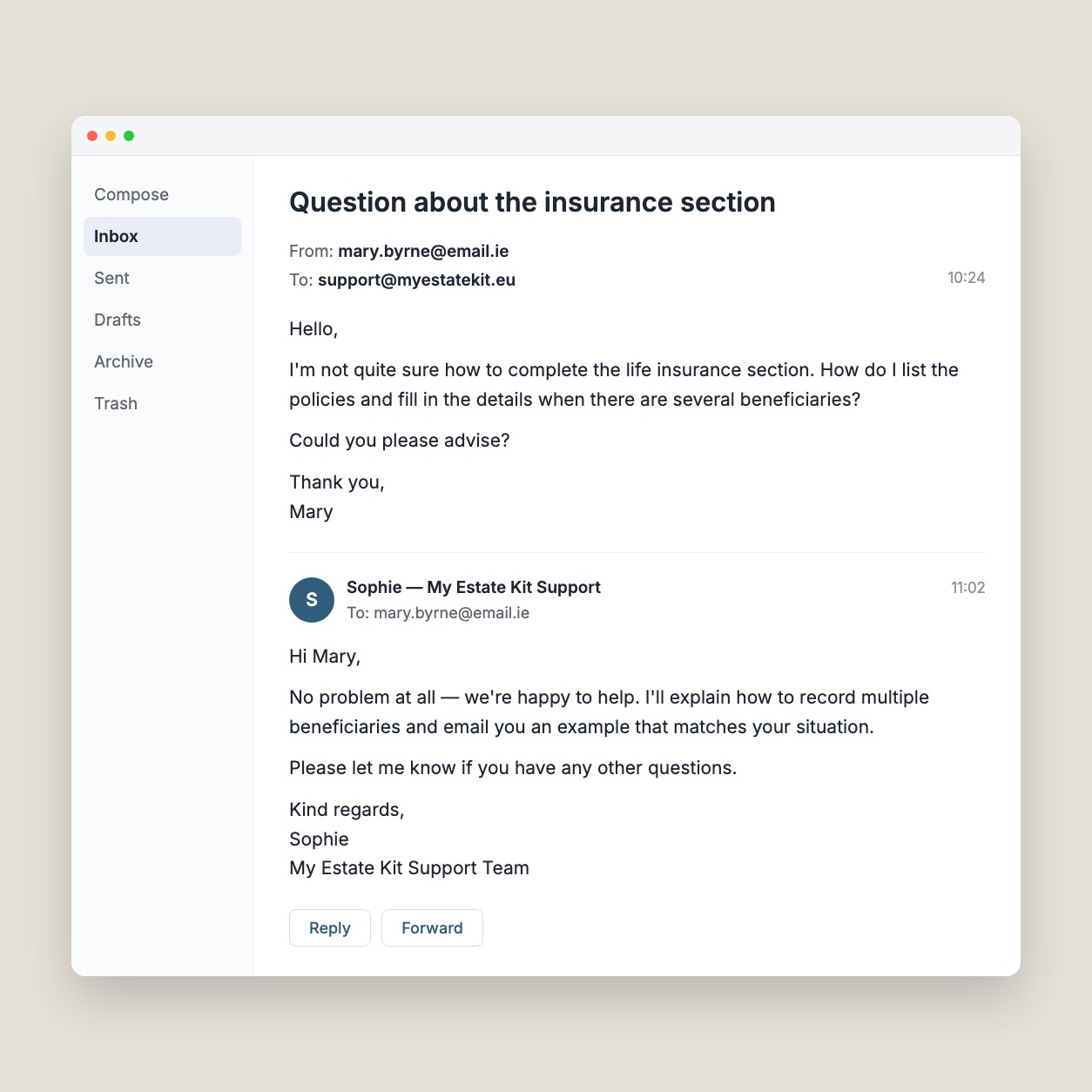 A customer emailing the My Estate Kit support team a question, and getting a clear answer back.