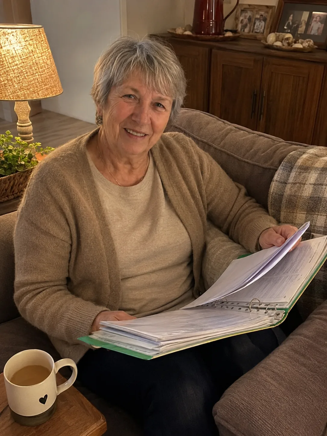 A customer reading back through her completed kit folder, at home on the sofa.